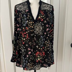 Alice + Olivia Silk Black Pink Green Lacy Inserts Long Sleeve Tunic V Neck EUC